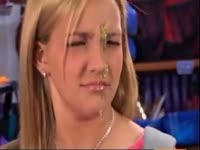 Hot blonde bitch got hot cum on her lovely face while sitting in public place 